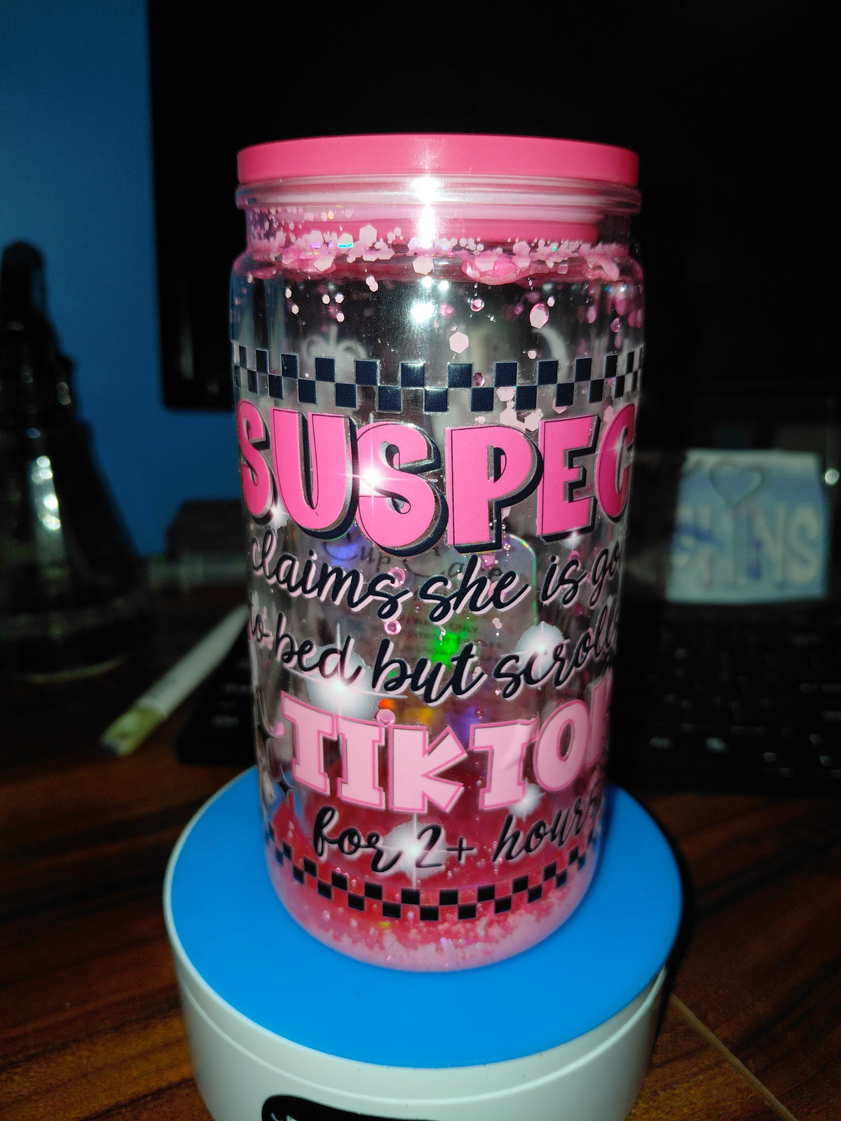 Pink honey drip snowglobe tumbler